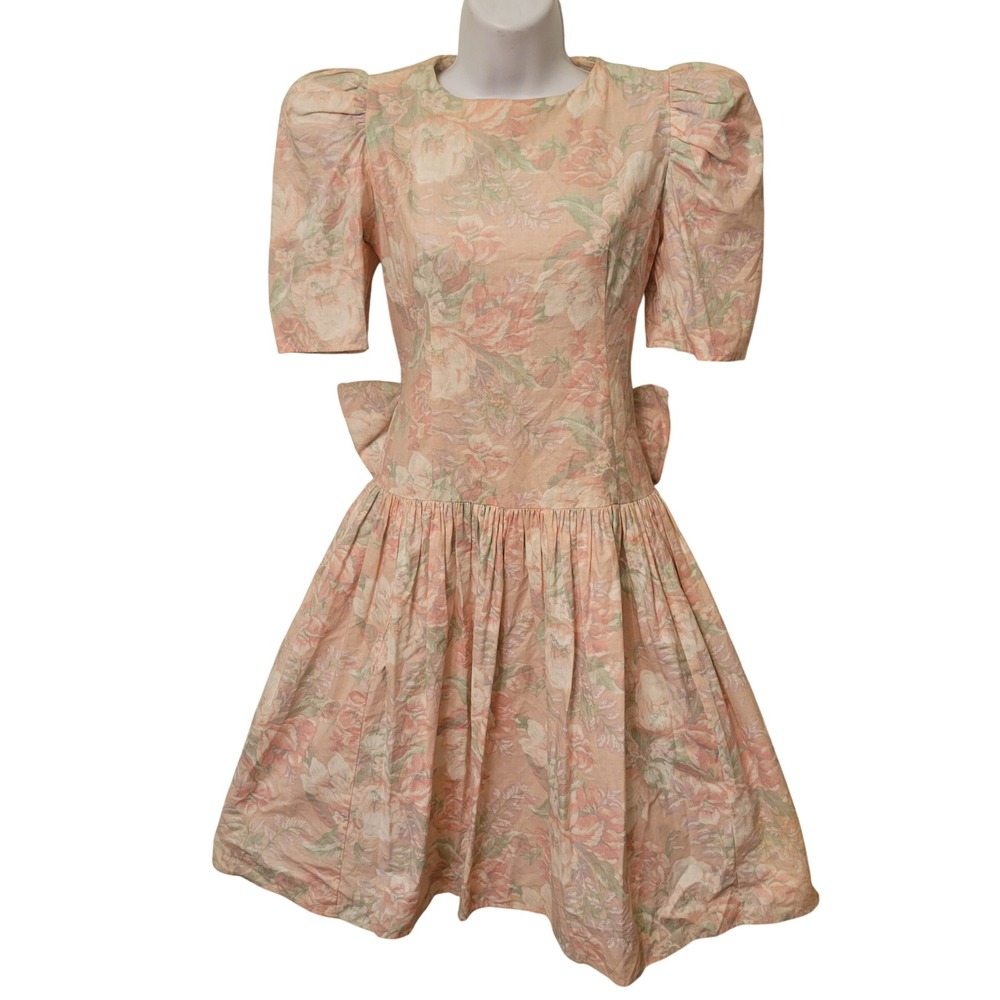 Vtg Jodi Michaels 80s Floral Cotton Puff Sleeve Dress Pink 3 Cottage‎ Princess